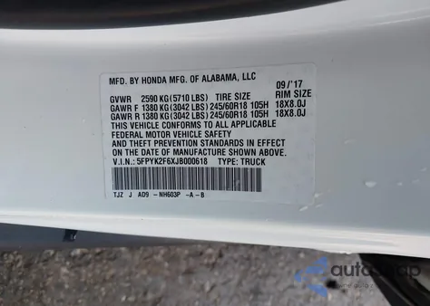 2018 Honda Ridgeline Rtl-T from USA, damaged, VIN 5FPYK2F6XJB000618